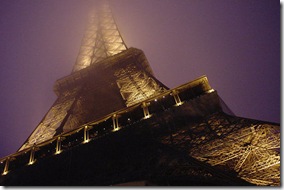 The Eiffel Tower in Paris at dusk.